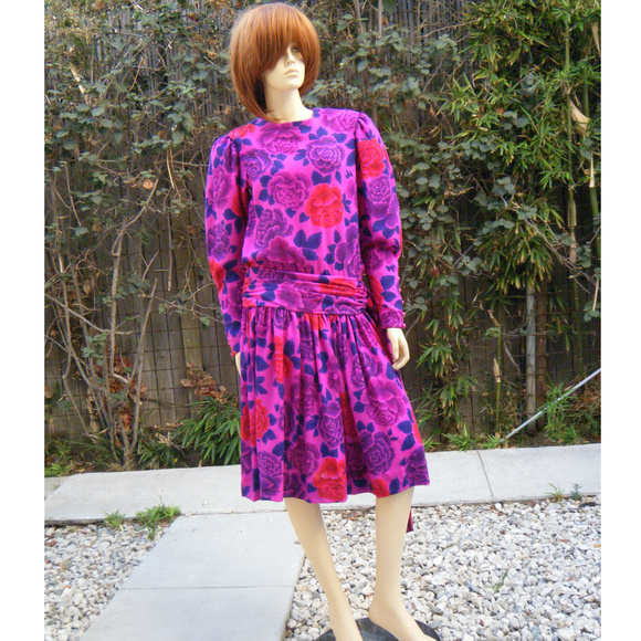 80s w/ 20s Drop-Waist Nipon Puff Sleeve Floral s/m - Picture 1 of 7
